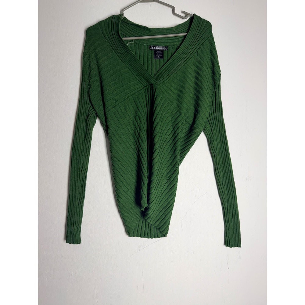 United States Sweaters Green Ribbed V-Neck Draped Crossover Long Sleeve Top XL